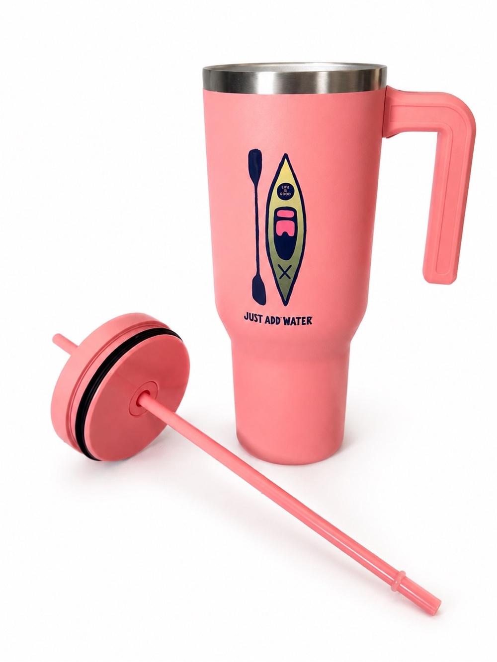 Life Is Good 32oz Tumbler Insulated Thermos Mug Pink Just Add Water Cup Handle - Picture 2 of 7